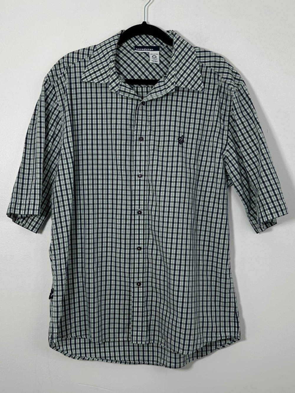 Rocawear Mens XL Y2K Short-Sleeve Button-Down Shirt Plaid Checkered White/Green